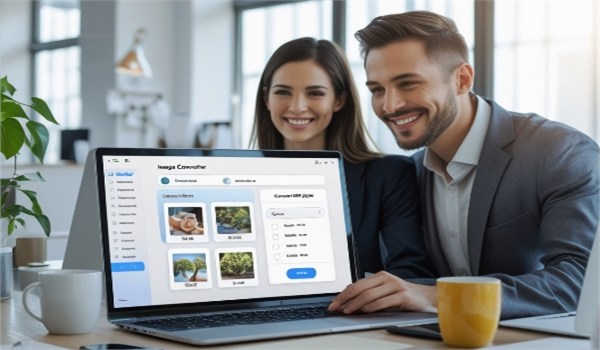 Image Converter tool from toolsmini.com - A professional scene featuring a businessman and businesswoman, both smiling and using a image converter tool from toolsmini.com in a bright, well-lit office environment. The laptop screen prominently displays an image converter tool interface, showing options for converting images from formats like JPG to PNG.