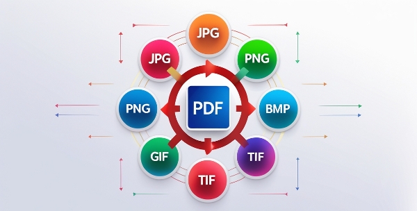 Image to PDF Converter thumbnail showing icons for JPG, PNG, BMP, GIF, and TIF formats arranged in a circular layout around a red PDF icon with arrows symbolizing conversion, featuring bold colors and a clean white background with 'Image to PDF Converter' text at the bottom.